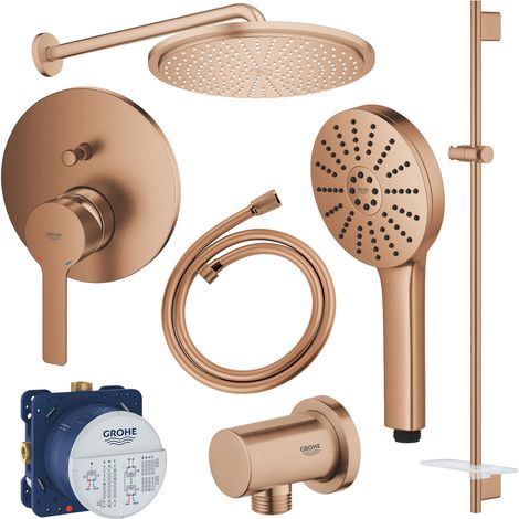 GROHE Pack douche encastré mitigeur + douchette 3 jets + barre de douche + tête + flexible + coude, Warm Sunset brossé (1/5)