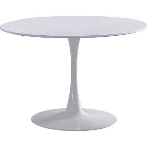 Pegane – Table de salle à manger ronde en MDF laqué blanc – Diamètre 110 cm – Hauteur 75 cm – Base métallique solide – Facile à nettoyer (1/2)