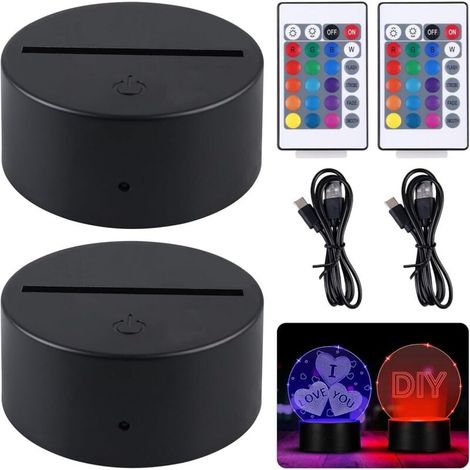 ot de 2 socles lumineux 3D avec télécommande et câble USB - 16 couleurs réglables - Contrôle tactile - Veilleuse LED pour acrylique et plexiglas - (1/4)