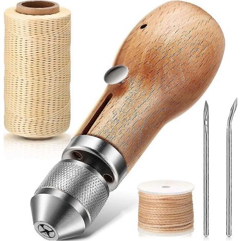 Kit de couture du cuir avec 2 aiguilles, outil de couture manuel et poinçon à manche en bois-Closed (1/5)
