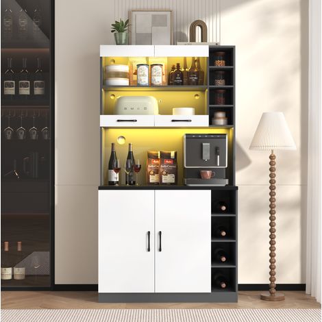 Küchenschrank 100x47x187 cm weiß/grau aus MDF mit LED-Beleuchtung, Glastür, Mikrowellenfach und verstellbaren Regalen