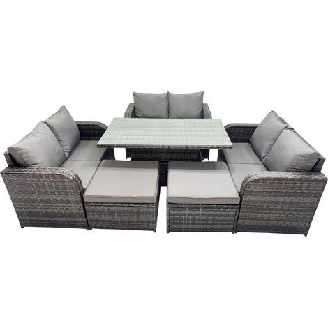 Fimous 8-seater Patio Height Adjustable Rising Lifting Table Sofa Sets Rattan Garden Furniture Dining Set with 2 Big Stools Dark Grey Mixed (1/5)