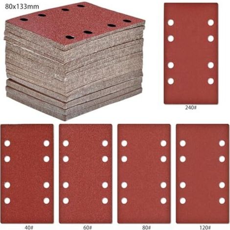 Jeu de 100 feuilles de papier de verre (80 x 133 mm) avec fixation auto-agrippante 5 grains (40 à 240) Pour ponceuses multi-usages et ponceuses orbitales Bois, métal, peinture Système d'aspiration (1/4)