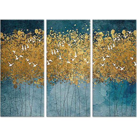 Lupia - GRANDE QUADRO Moderno 3 Pezzi su Tela  Flying Trees Uccelli Foresta Astratta Oro  Decorazioni Parete per Soggiorno, Camera, Ufficio  100x150 cm, Colori Vivaci, Legno (1/4)