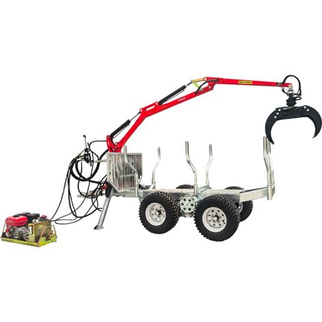 Torros – Remorque à bois forestière double essieu 2000 kg avec grue hydraulique 3,4 m – Moteur essence 9ch – AHR2005HWG