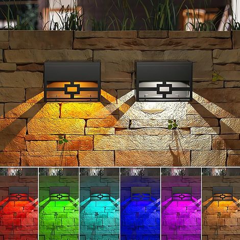 Lampe Solaire Extérieur 2 Pack Solaire Éclairage Mural Lampe de Clôture RGB Couleur et Blanc Chaud Lumière Solaire IP65 Etanche Extérieure Décorative pour Jardin Clôture Terrasse Marche Escalier (1/5)