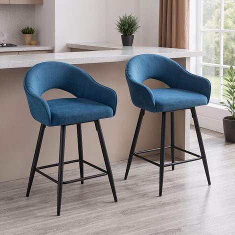 Wahson Bar Stools Set of 2 Upholstered in Velvet Counter Chairs with Hollow Backrest Swivel High Stools for Home Bar, Blue (1/5)