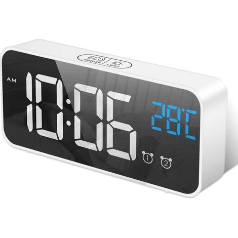 Despertador digital con gran pantalla LED de temperatura, despertador portátil con espejo, alarma dual, temporizador de repetición y regulador de brillo de 4 niveles (blanco) (1/4)
