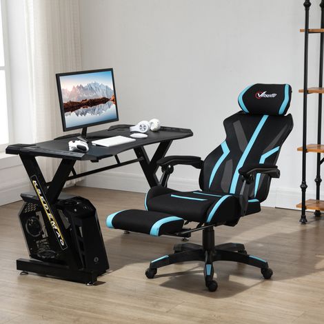 Fauteuil de jeu avec repose-pieds rétractable, fauteuil de bureau pivotant et inclinable avec appui-tête et hauteur réglable, 65 x 65 x 119-129 cm, noir et bleu (1/5)