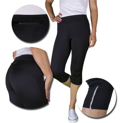 Leggings da donna 3/4 firi - neri, leggings sportivi elasticizzati, leggings da corsa, leggings sopra il ginocchio, taglia 32