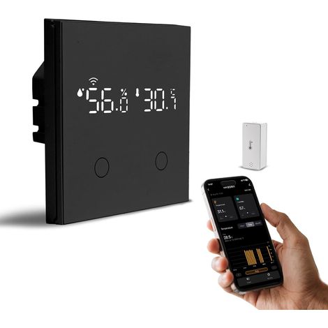 Interrupteur Mural Tactile Intelligent pour Eclairage et Mini Capteur Température d'humidité Intérieure,Commande Multiple à 2 Voies,Conducteur Neutre Requis,Compatible avec Smart Life/Tuya,2,4GHz Noir (1/5)