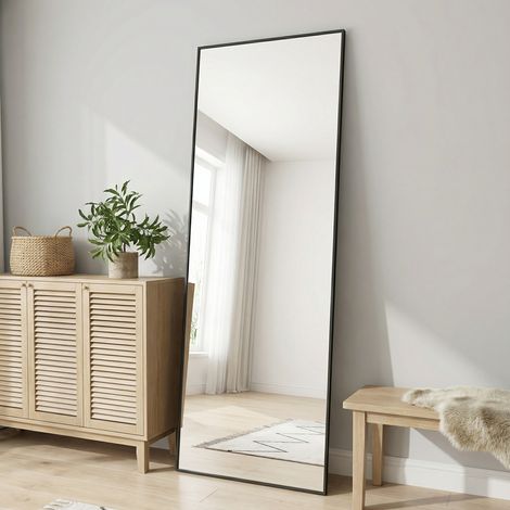 Miroir sur pied 164x54cm, rectangulaire, miroir mural, cadre en aluminium, mural ou à poser, verre HD antidéflagran, pour chambre/entrée, style scandinave moderne(164x54cm, Noir)