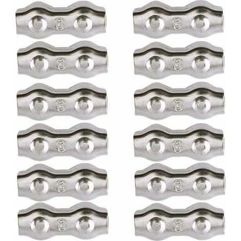 Kabelklemme, 3 mm Stahlkabelklemme, 12 Stück, Doppelkabelklemmen, Kabelclips aus Edelstahl 304, Kabelklemmen für 2 mm Drahtkabel, Wäscheleinenkabelklemme, AAFGVC