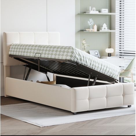 Letto contenitore bambini 90x200 cm con testiera regolabile in altezza, in velluto beige, materasso non incluso (1/5)