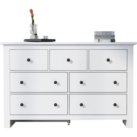 Buffet blanc à 7 tiroirs, style minimaliste et campagne chic, grand rangement pour salle à manger, cuisine, entrée, salon, en panneau de particules CHICFURN (1/5)