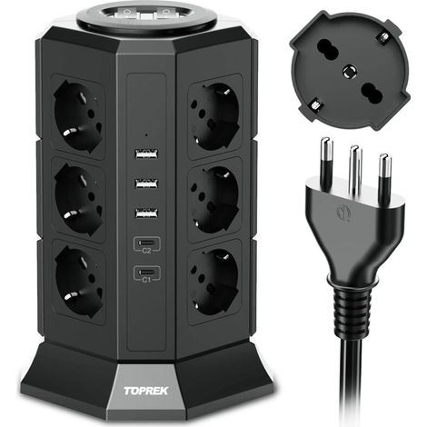 Multiprise verticale TOPREK avec 12 prises universelles ITA 10/16 A et Schuko, 2 ports USB-C, 3 ports USB-A (dont 1 port USB-C 20 W compatible charge rapide PD 3.0), 4000 W/16 A, 2 interrupteurs et câ (1/5)