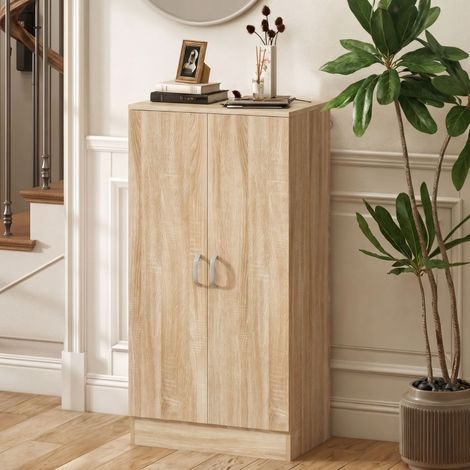 Zapatero de 2 puertas, 6 estantes regulables, cierre suave, madera natural, 55 x 35 x 108 cm (1/5)