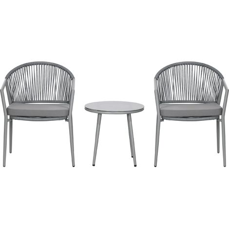 Stilvolle Sitzgruppe 2 Gartensessel Couchtisch Balkonmöbel-Set Stahlrahmen Grau