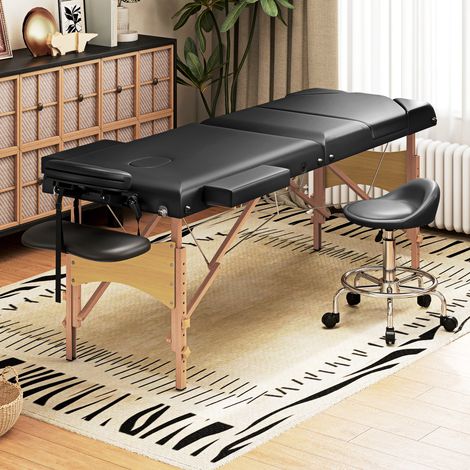 Table de massage pliante 215x60x64-89 cm Noir en bois à 3 zones avec accoudoirs de tête à hauteur réglable (1/4)