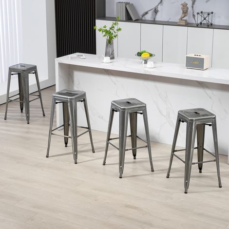 Set aus 4 stapelbaren Barhockern im Industriestil, Sitzhöhe 76 cm, silberfarbenes Metall