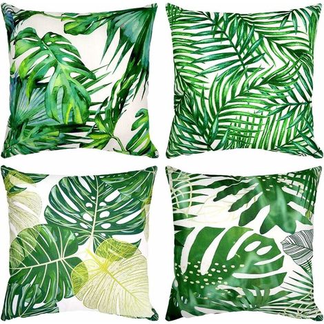 Lot de 4 housses de coussin décoratives en coton et lin, (Green, 45X45cm) (1/5)