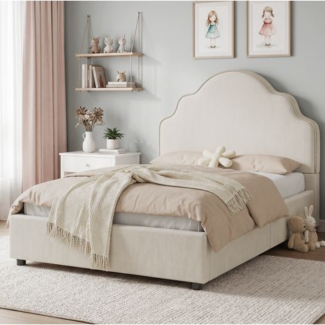 Cama infantil 90x200 con somier de láminas y cabecero acolchado de lino beige DESVIAE (1/5)