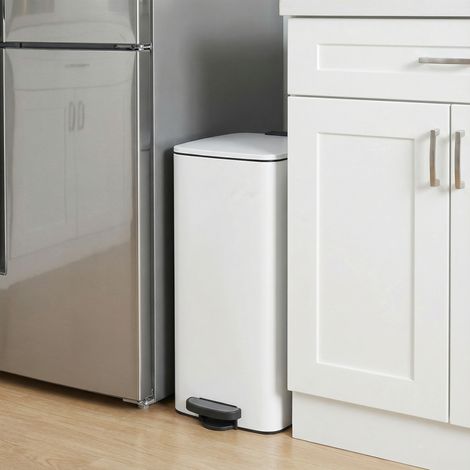 Poubelle de cuisine, 30 litres, poubelle à pédale, en acier, avec seau intérieur, fermeture douce, blanc (1/5)