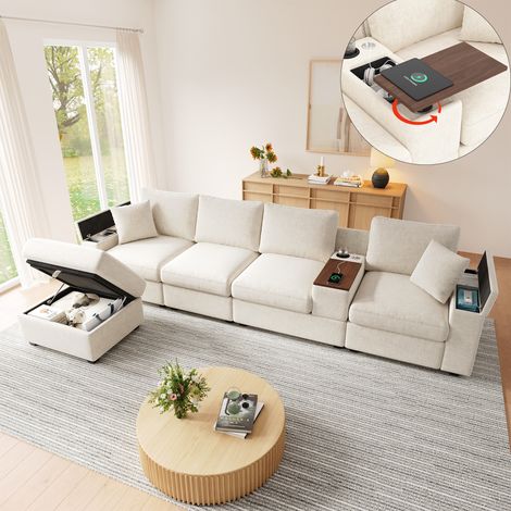 Sofa modulare a forma di L con pouf, divano sezionale multifunzionale con spazio di archiviazione, porte USB/Type-C, portabicchieri, tavolino girevole a 360°, spazio di archiviazione nei braccioli, di (1/5)