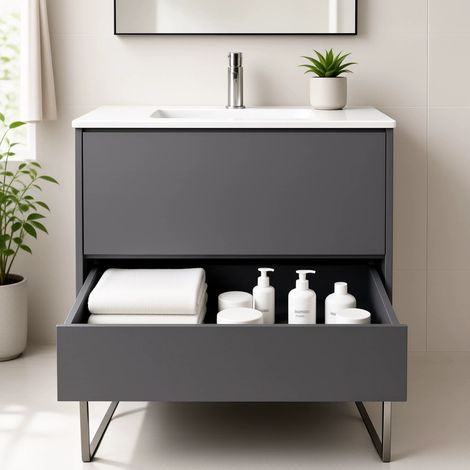 Meuble de Salle de Bains avec vasque/lavabo SOUS Meuble Athena 80 GRIS MAT, 2 TIROIRS avec plan céramique (1/5)