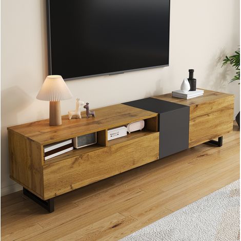 TV-Schrank 170x42x36.5 cm Dunkelgrau/Natur Spanplatte mit 3 Türen, 2 offenen Fächern und Metallbeinen (1/5)