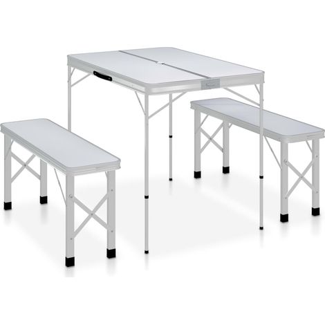 Klappbarer Campingtisch mit 2 Sitzbänken Aluminium Weiß