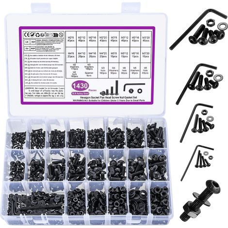 1430 Pcs Vis M2 M3 M4 M5 et Écrous,Vis à Tête Ronde Boulons et Écrous Set Noir Vis à Tête Hexagonale Ronde et Écrous et Rondelles Assortiment Kit,et Clés,Acier Au Carbone Vis à Six Pans Creux à Tête (1/5)