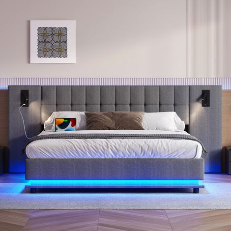 Lit capitonné gris 180x200cm avec éclairage LED, tête de lit à spots intégrés, port USB, sans matelas, housse de literie incluse (1/5)
