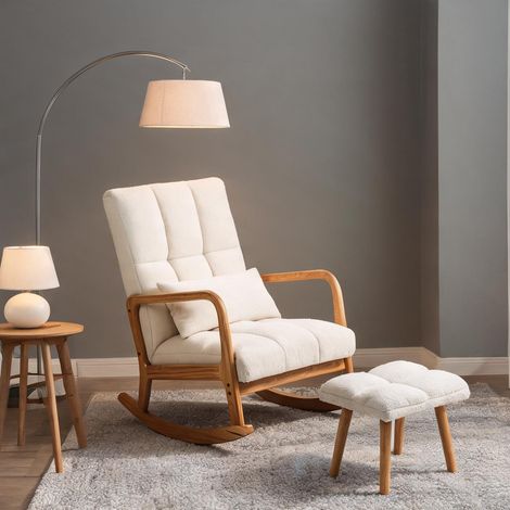 Fauteuil relaxant blanc avec pouf en bois 82 x 64,5 x 99 cm (1/5)