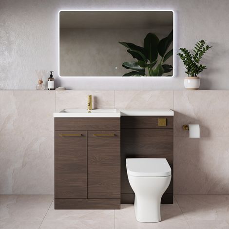 Napoli 390 Brown Oak 1100mm 2 Door Vanity Unit Toilet Suite with Square Left Hand Lucia Basin - 1100mm - Brushed Brass 160mm HandleWith Kingston Toilet Pan and Seat