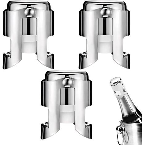 Lot de 3 bouchons à champagne en acier inoxydable réutilisables. Bouchons anti-bulles de qualité alimentaire, étanches, pour champagne, cava et prosecco. Dimensions : 5,5 x 3,8 cm. Couleur : argent. (1/5)