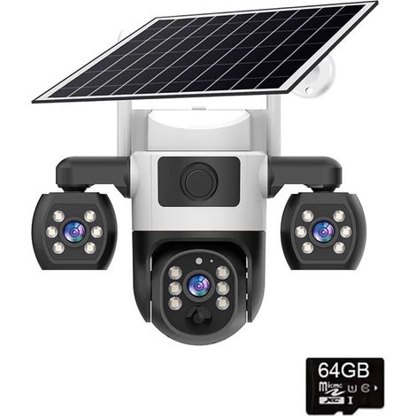 WiFi Security Cameras 3 Lens 3 Screen 10X Zoom Solar Outdoor Camera Waterproof Night Vision CCTV Security Protection(WiFi Camera 64G) (1/5)