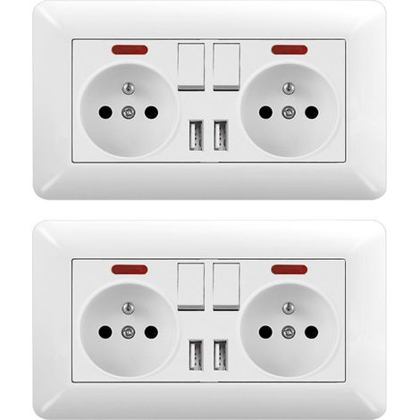 2er Set 16A Doppelsteckdose mit Schalter, LED & 2 USB – Unterputz Wandsteckdose 240V