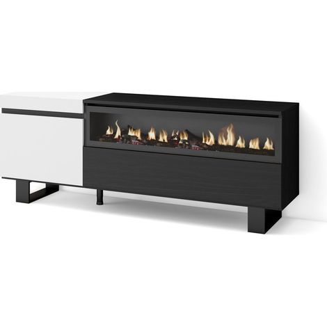 Skraut Home - Mueble TV, Televisión, Muebles de salón, almacenaje, 150x57x35cm, Para TV hasta 65", Chimenea eléctrica, Diseño industrial, Estilo Moderno, Blanco y negro (1/5)