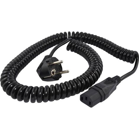 Câble de raccordement spiralé noir 1.6 m – R6502 – H05VV-F 3G 1,0 mm² – 16 A 230 V – Prise mâle coudée + C13 – Hawa (1/2)