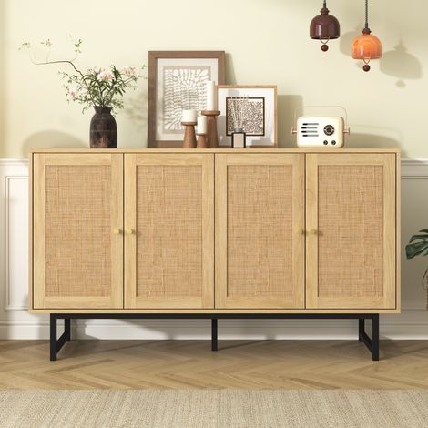 Rustikales Sideboard mit echtem Rattangeflecht, 4 Türen, viel Stauraum, 140 x 39,5 x 80 cm