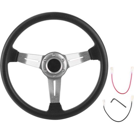 Volant Universel 14 Pouces Course Auto Cuir PU Aluminium Alloy Avec Bouton Klaxon Argenté (1/5)
