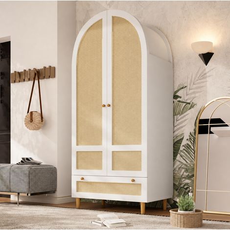 Armoire dressing 80x50x180 cm avec tringle et tiroir, design arche en rotin, bois MDF blanc (1/5)