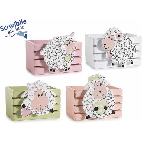 Paniers barrière en bois coloré avec décor petit mouton, lot de 8, 8,5 x 6,5 x H. 7,5 cm