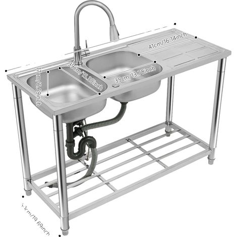 Évier de cuisine, double bac, robinet escamotable, Argent (1/2)