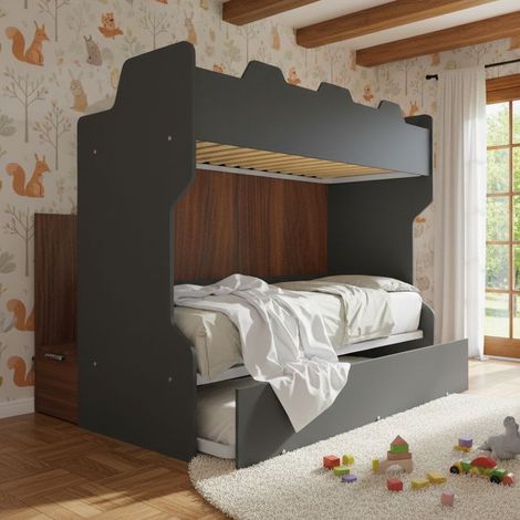 Letto a castello con scala contenitore e terzo letto estraibile - Cameretta salvaspazio - Basalto e Noce