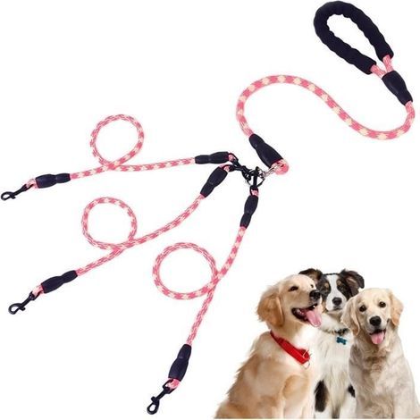 3-Hunde-Leine – Robust – Nylon – Gepolsterter Griff – Für den Außenbereich – Rosa (1/4)