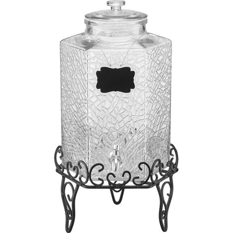 Distributeur de boissons en verre 10 L avec support métal et robinet inox pour fêtes, thé glacé, limonade et jus. (1/5)