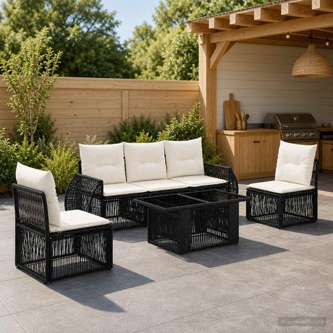 vidaXL Set Divano da Giardino 6 pz Nero e Bianco Crema polyrattan (1/5)