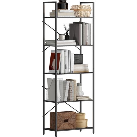 Scaffale industriale autoportante a 5 ripiani con struttura metallica nera. Ideale per soggiorno e ufficio, dimensioni 60×30×170,5 cm